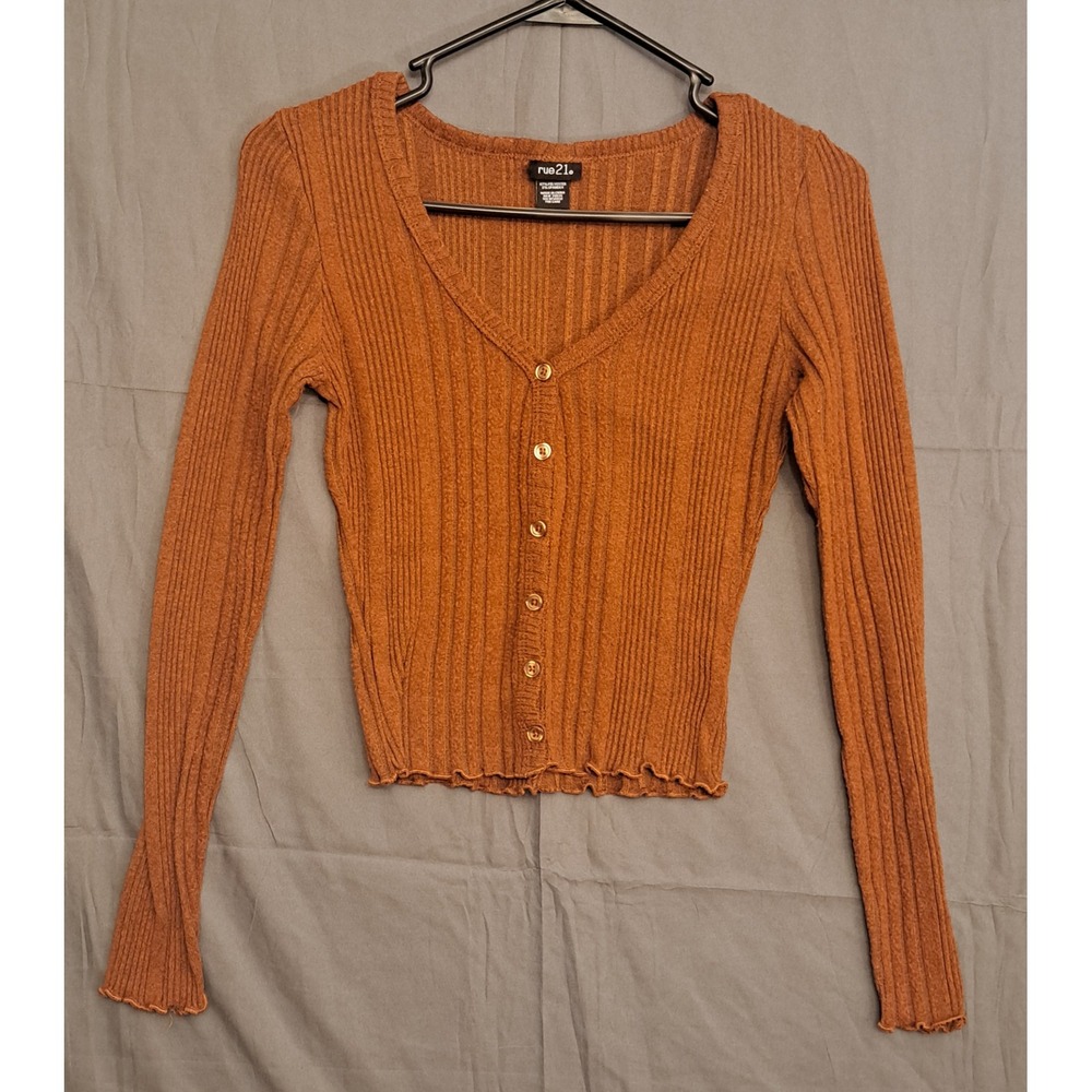 Rue 21 Ribbed Crop Top Button Up Sweater Womens Size XS Burnt Orange Boho
